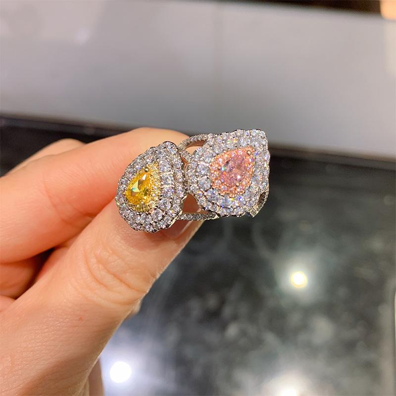 Кольцо с розовым бриллиантом в виде капли воды, кольцо с цветным бриллиантом и цирконом, женское кольцо с имитацией помолвки с микро-бриллиантами