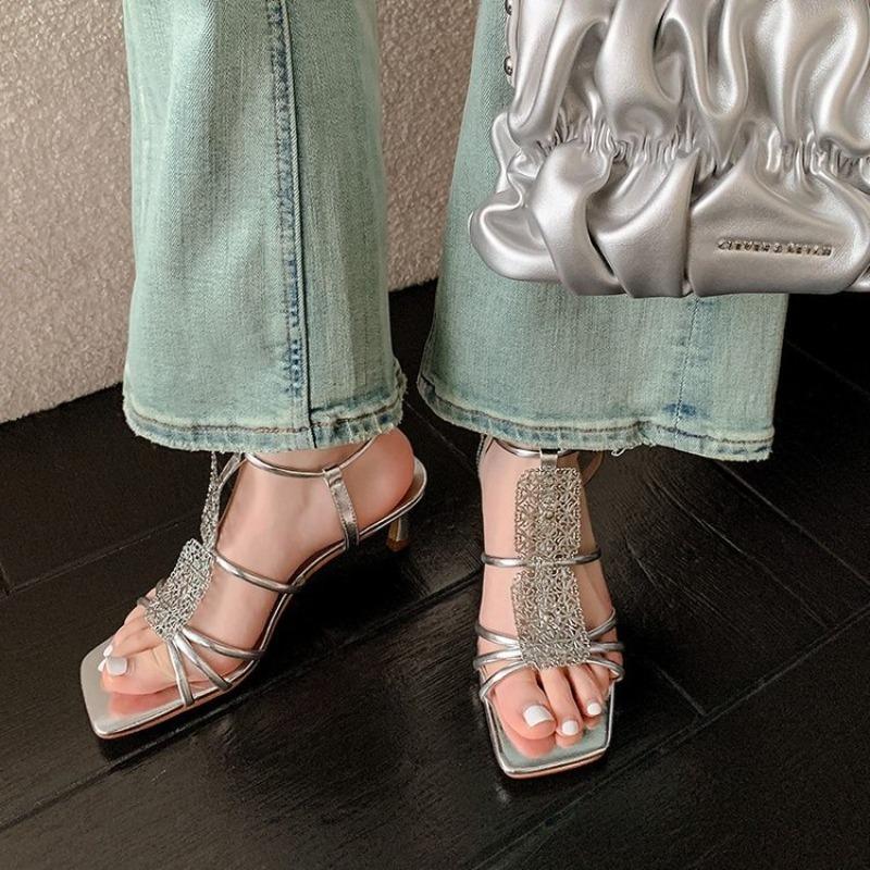 French Retro Fine Heeled High Heeled Sandalias 2024 Square Toe Open Toe Leather Buckle Strap Sexy Gold Heels Zapatos Mujer 2024