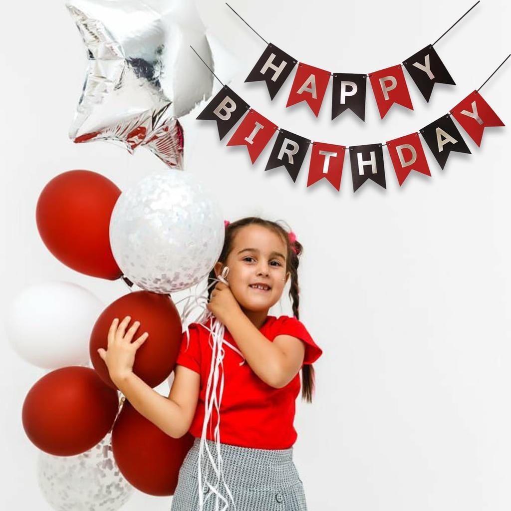 Red Silver Black Happy Birthday Banner Sign Decorations for Boys Girls Men Women Anniversary Birthday Party Garland Backdrop Supplies Nursery Hanging