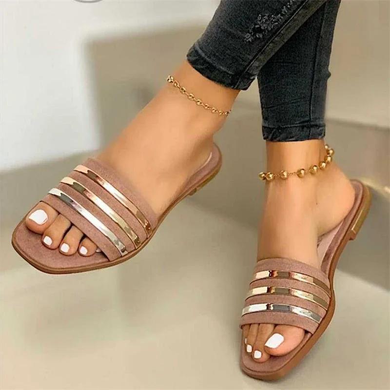 Fashion Women's Slippers New Summer Striped Metal Flat Shoes Fashion Slip On Slides Women's Sandals Casual Outdoor Women Plus Size 43