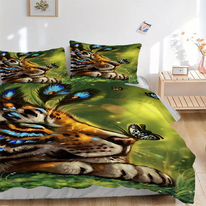 3pcs Tiger Butterfly Design Duvet Cover Set, Cover For Bedroom Guest Room (1 Duvet Cover + 2 Pillowcase, Without Quilt), yy250922151