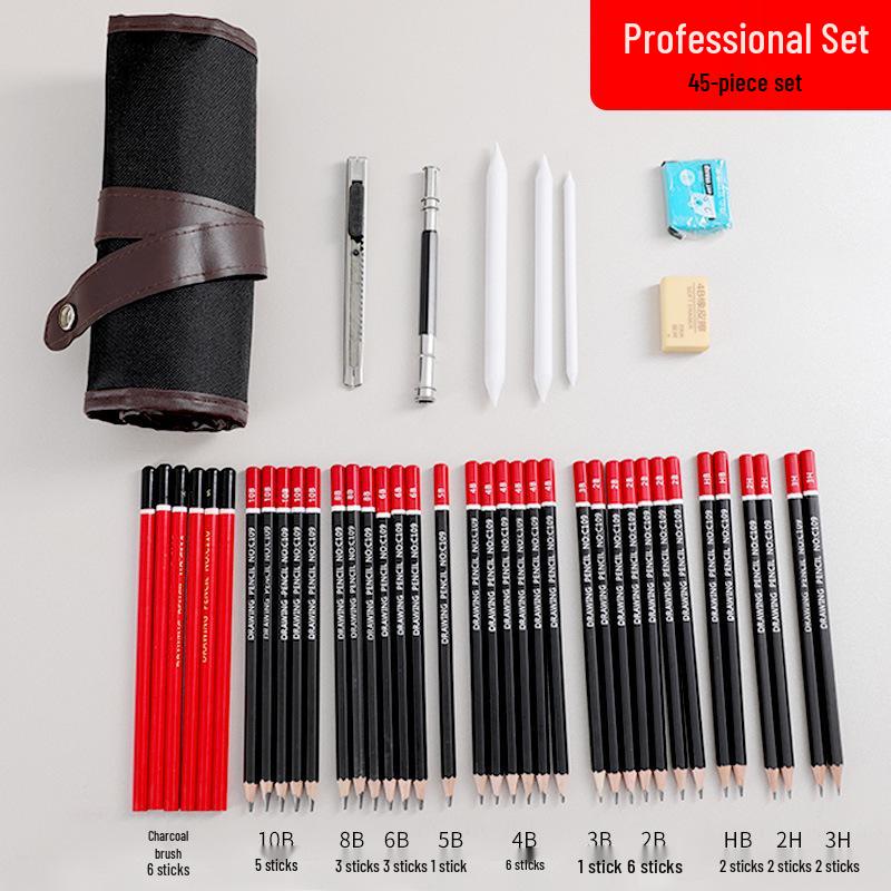 39-Piece Beginner Sketching Set: Charcoal Pencils, Eraser, Paintbrushes & Pencil Roll-up Case