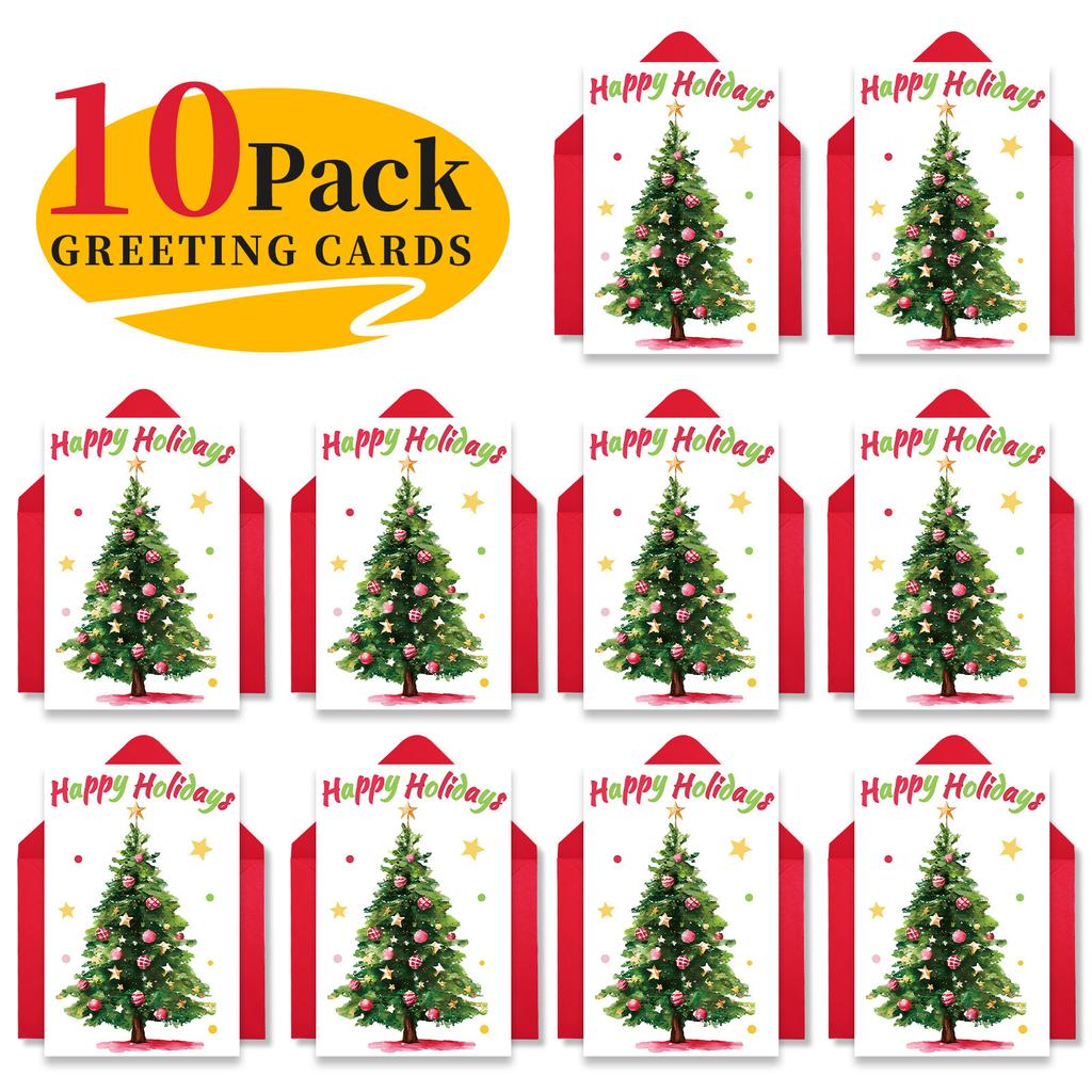 10PCS Large Christmas Greeting Cards with Envelopes, Watercolor Xmas Tree Cards for Holiday & New Year Gifts