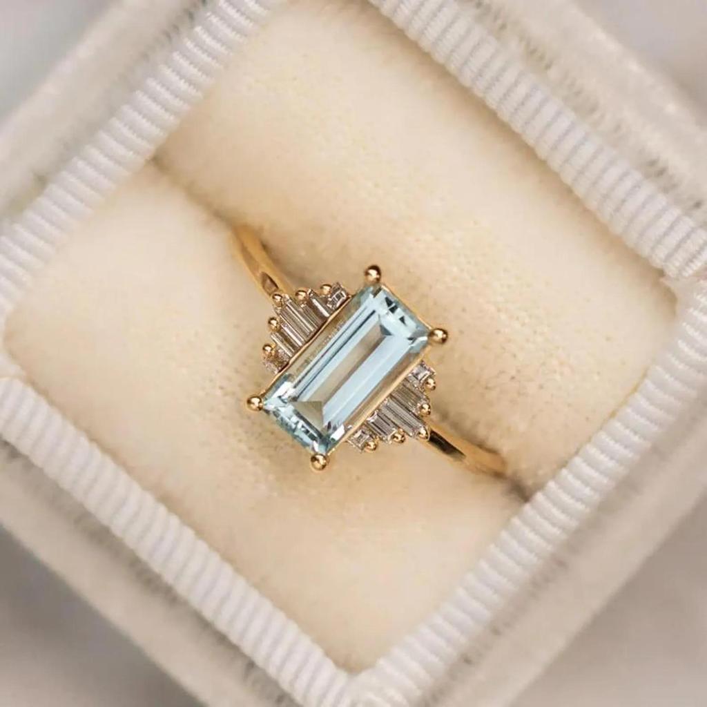 Women’s Emerald Cut Green Gemstone Ring – Gold Plated Band with Baguette Accents, Elegant Statement Jewelry Gift for Her