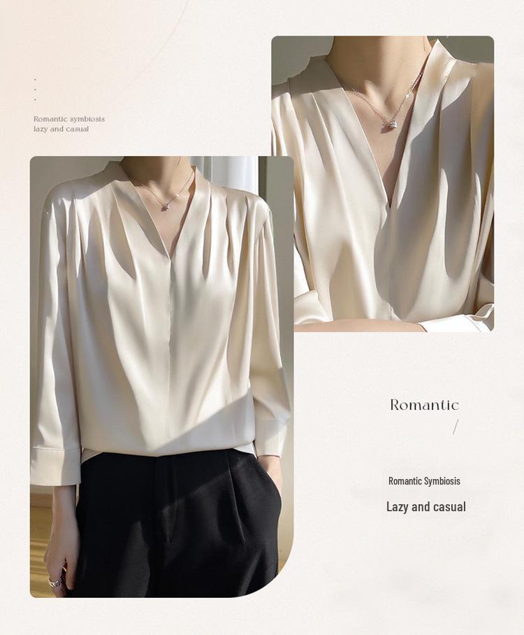 Женский атласный топ с V-образным вырезом и длинными рукавами, летний