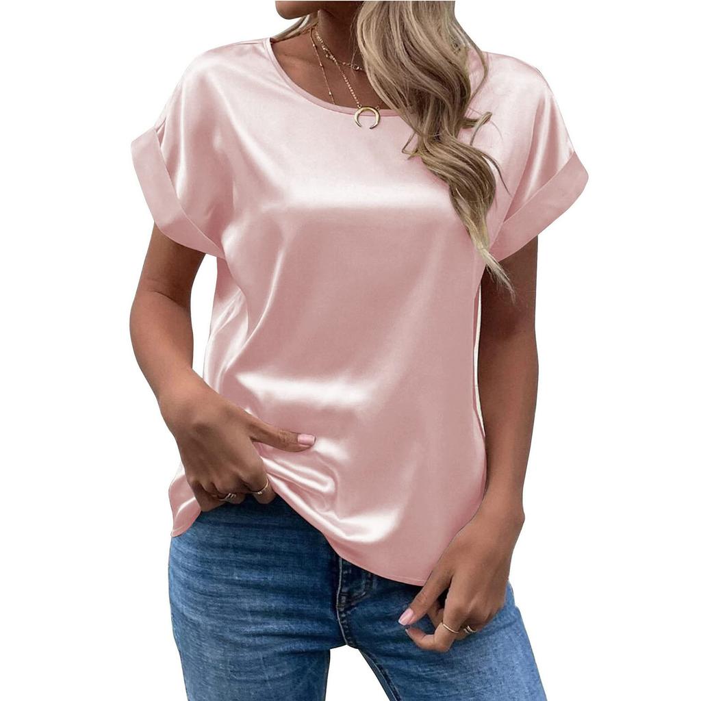 Women's T-Shirt Summer Elegant Solid Round Neck Rolled Short Sleeve Satin Silk Blouse Tops