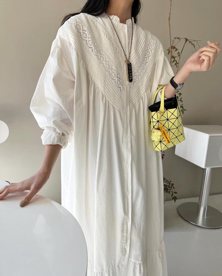 Johnature Fall Korean Pleated Lace Stitching Vintage Simple Lace Stitching Women Dress