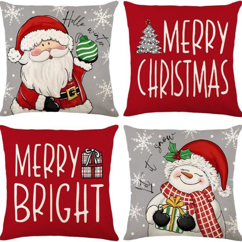 Набор из 4 двусторонних рождественских наволочек - Санта Снеговик Смесь льна Декор для дивана Праздничные акценты для дома