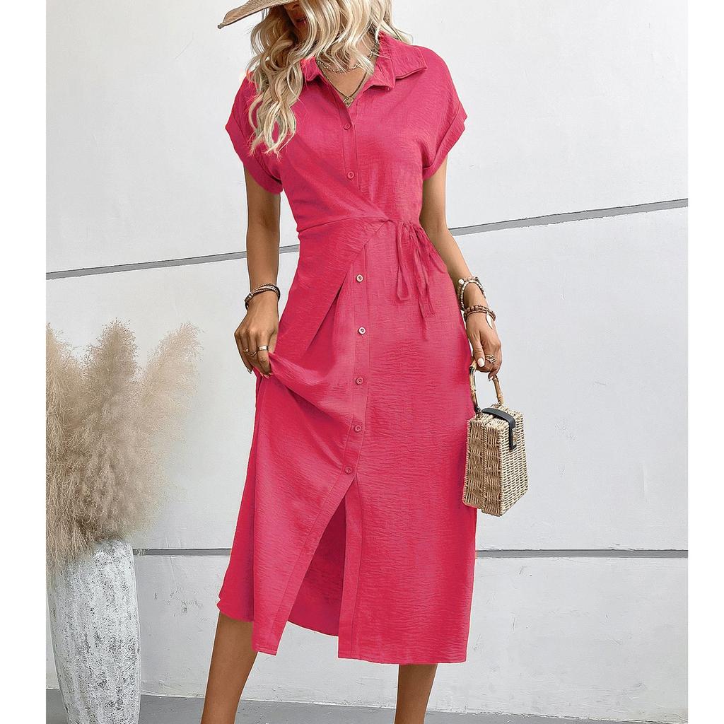 Женское свободное однотонное платье с высокой талией и короткими рукавами на пуговицах