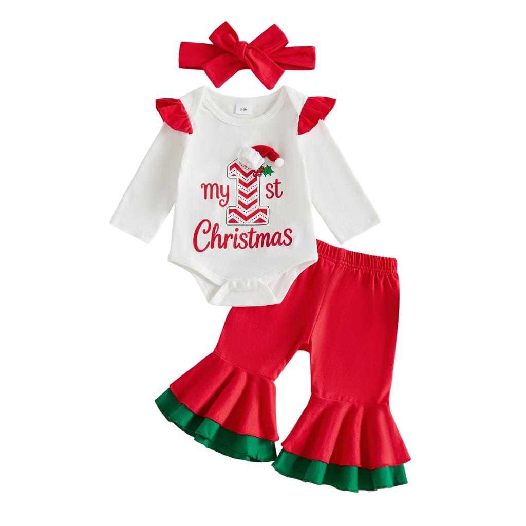 Citgeett Autumn Christmas Infant Baby Girls Outfit Letters Print Romper Plaid Pants Headband Xmas Clothes Set