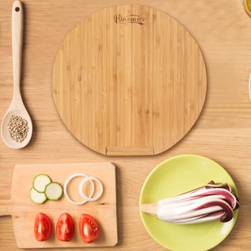 HANKEY Cutting Board, Natural Bamboo with Stand, Pizza Cutting Board, Kitchen Board, Round Cutting Board, Antibacterial, Recommended, 32*32*2cm