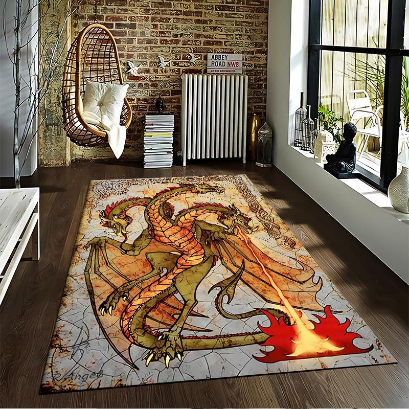 "Three-Headed Fire-Breathing Dragon Printed Medieval Style Carpet" Suitable for use as an anti-slip for living room bedroom sofas