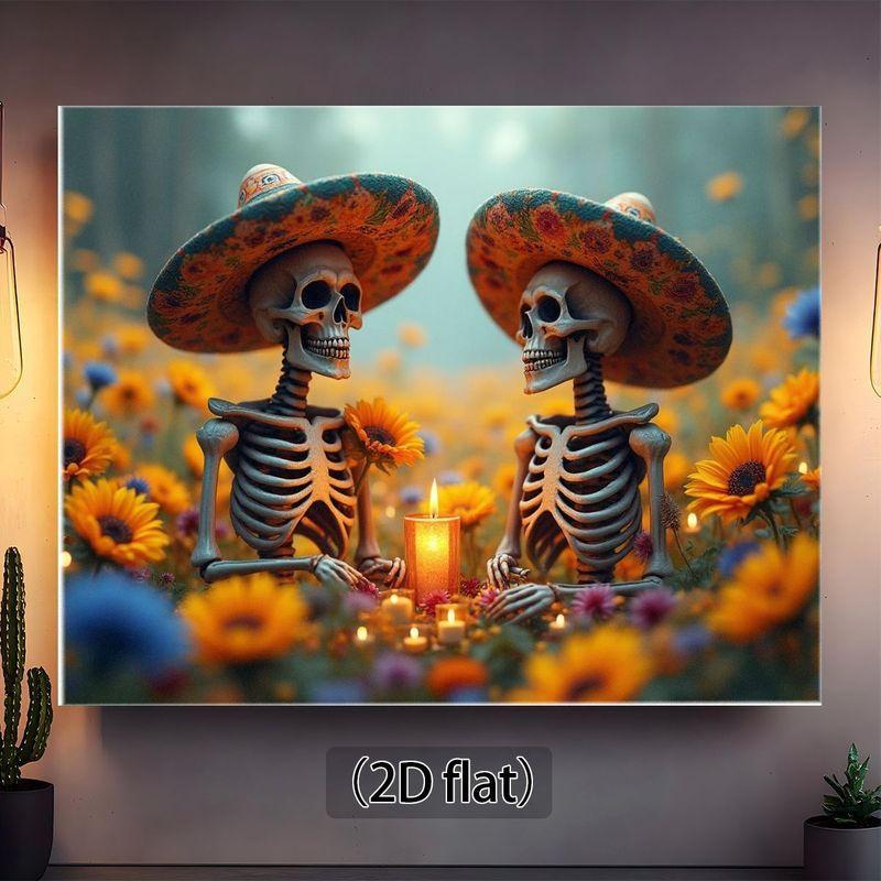 1pc Death's Day Skeleton Couple Art Printing - Flower Mexican Hat Candlelight Death's Day Wall Decoration Perfect Halloween