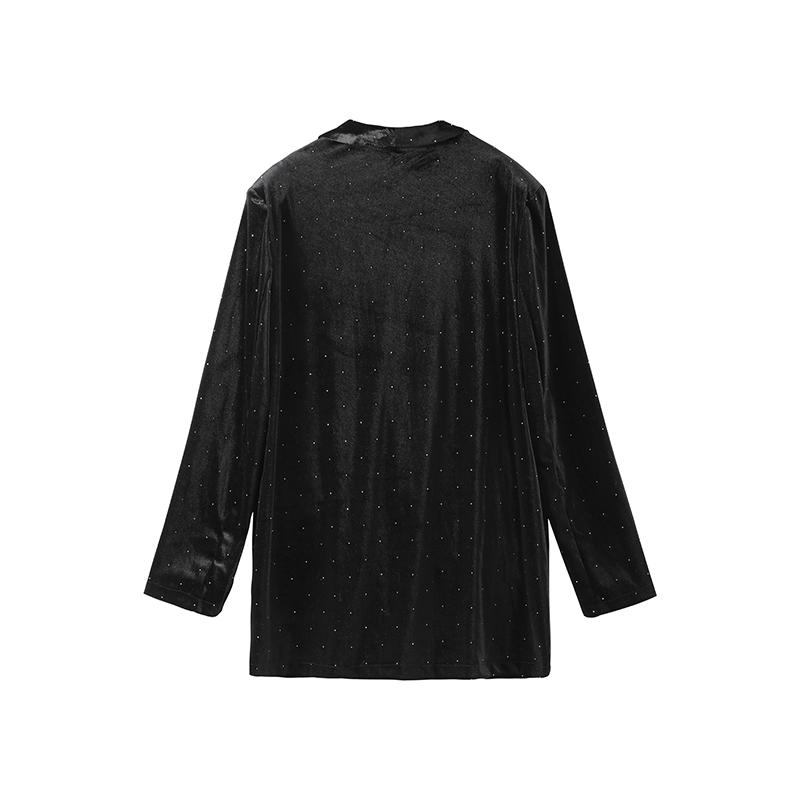 Velvet Diamond Decorated Black Blazer Woman Loose V-neck Suit Coat Fashion Casual Full Sleeve Solid Jacket Commute Spring Autumn