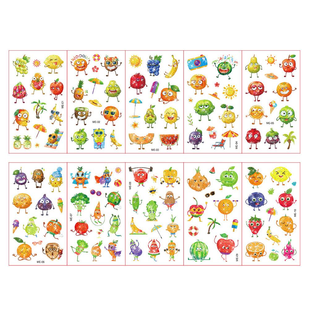 10 листов/набор красочные тату-наклейки с блестящей пудрой, мультяшные животные, единорог, принцесса, транспорт, временные поддельные татуировки для детей