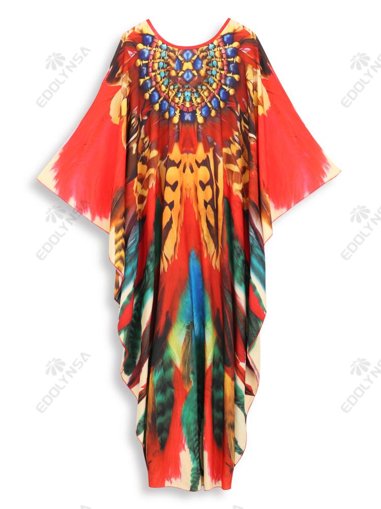 EDOLYNSA Плюс размер кафтан красный богемный принт летнее длинное пляжное платье женская домашняя одежда наряд купальный костюм накидка свободный кафтан