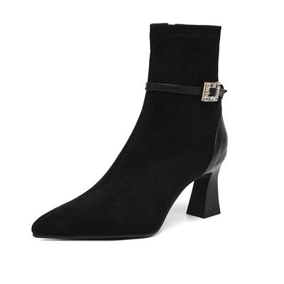 Флок Острый Носок Тонкий Высокий Каблук Современные Ботинки Размер 42 Молния Большой Размер Кристальная Пряжка Женские Эластичные Ботильоны