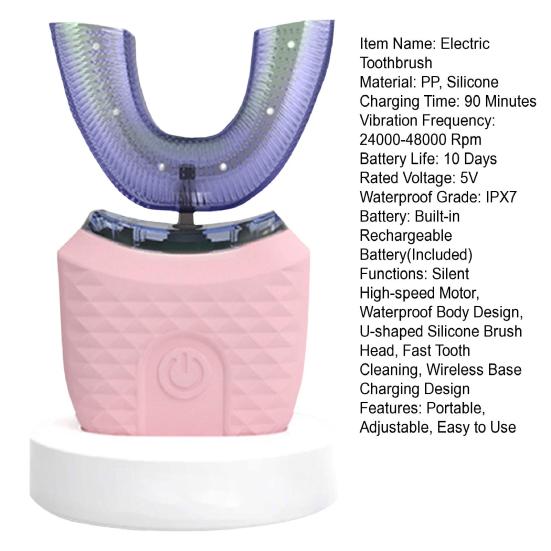 Adults U-Shaped Electric Toothbrush 3 Modes Adjustable Full Coverage Silicone Brush Heads IPX7 Waterproof Automatic Men Women Rechargeable Toothbrush