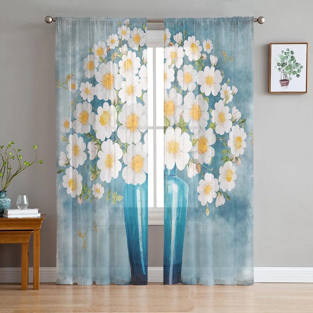 Идиллические белые цветы, винтажные фоновые тюлевые шторы для гостиной, кухни, современные оконные занавески, вуали