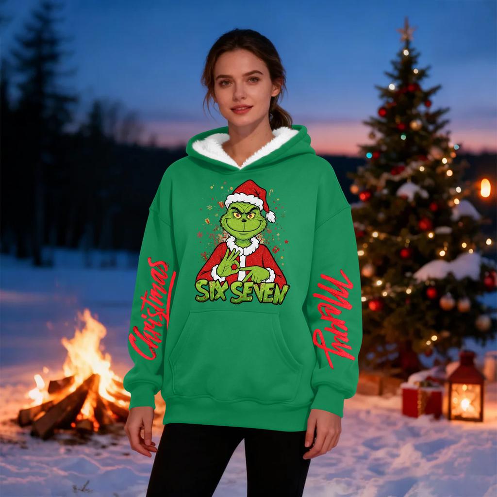 Женская повседневная модная толстовка с капюшоном большого размера, утепленная флисом, с рождественским принтом