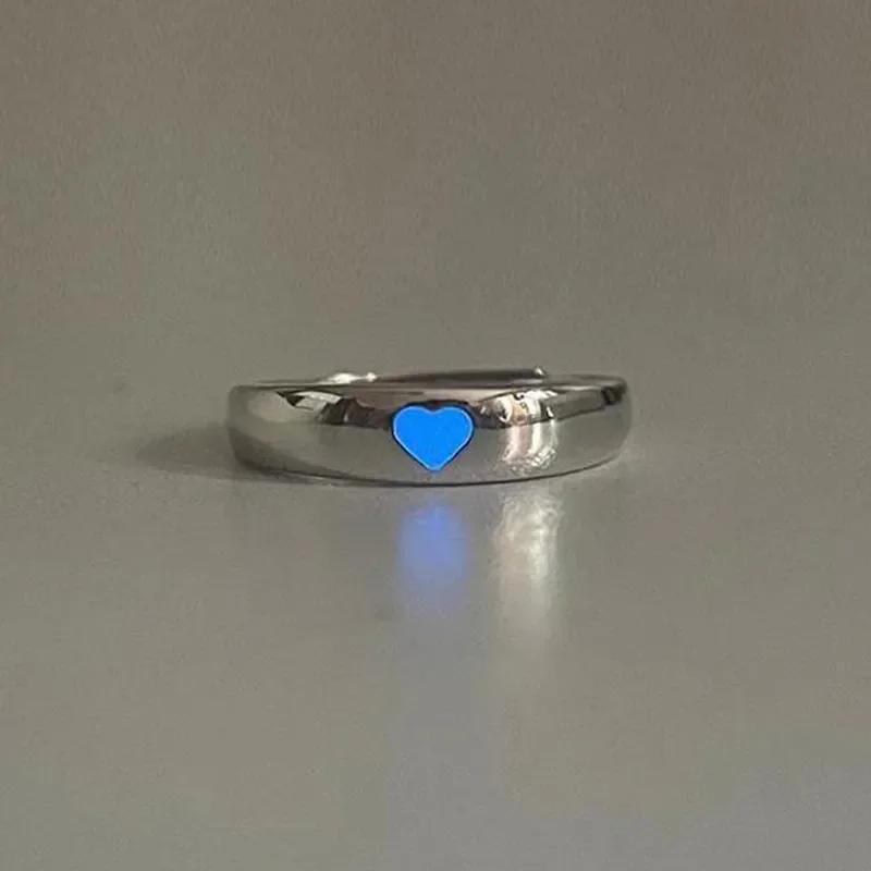 Glow in Dark Ring Luminous Blue Pink Light Love Heart Ring Couples Girls Silver Color Jewelry Adjustable Size New Fashion Rings