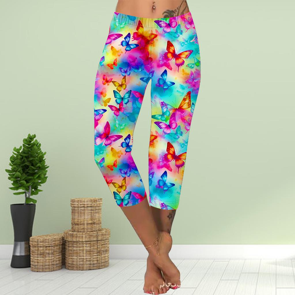 Брюки летние короткие леггинсы укороченные узкие брюки леггинсы больших размеров женские облегающие брюки с принтом 3D Golden Butterfly