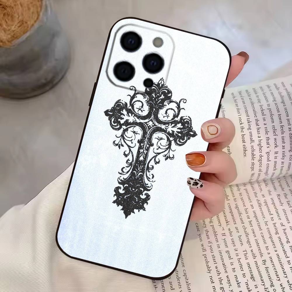 Прозрачный чехол для телефона с готическим крестом и лозой для iPhone 17,16,15,14,13,12,11 Plus,Pro Max,XS, Мягкий силиконовый черный чехол