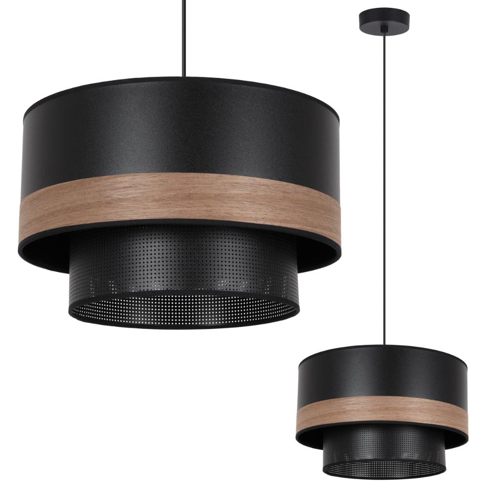 Wood DUO black pendant lamp, 1-lamp, mesh shade, walnut veneer