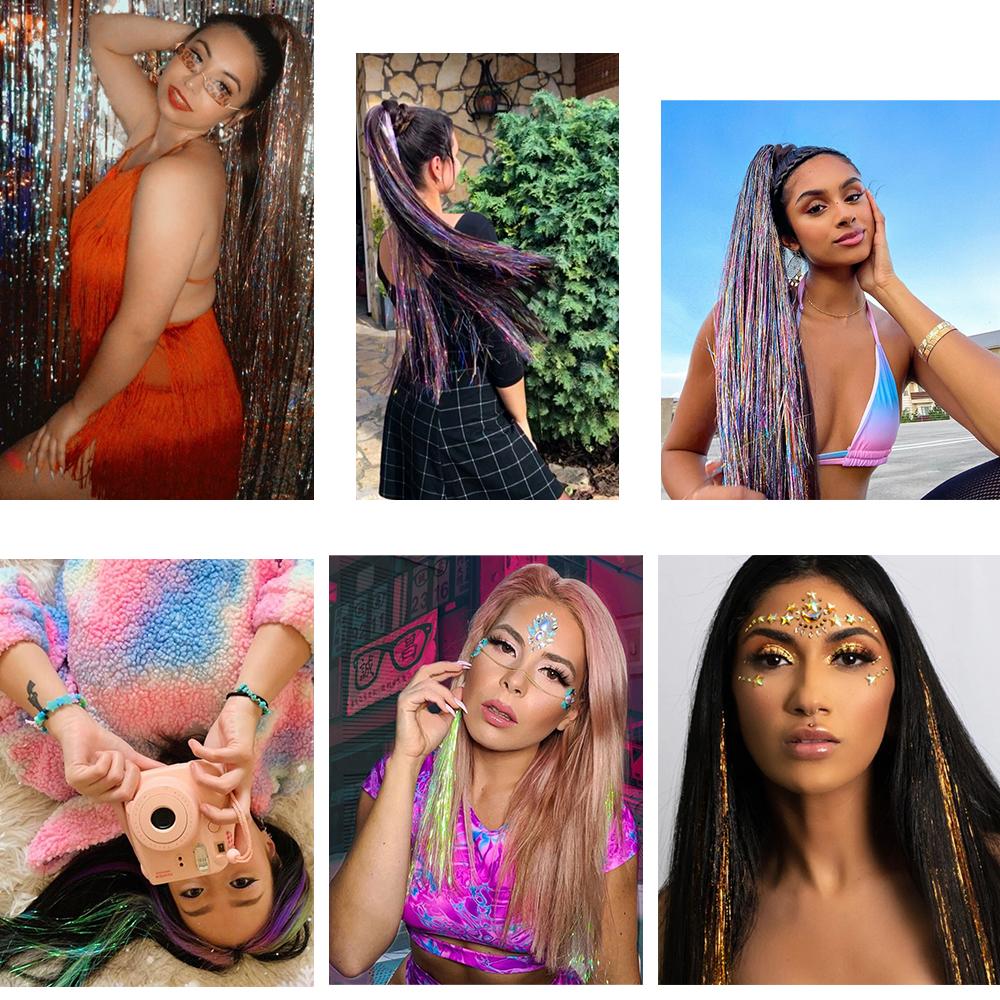 Блестящий шелковый парик с мишурой, праздничный головной убор, длинный прямой блестящий хвост, декор из блестящих полосок