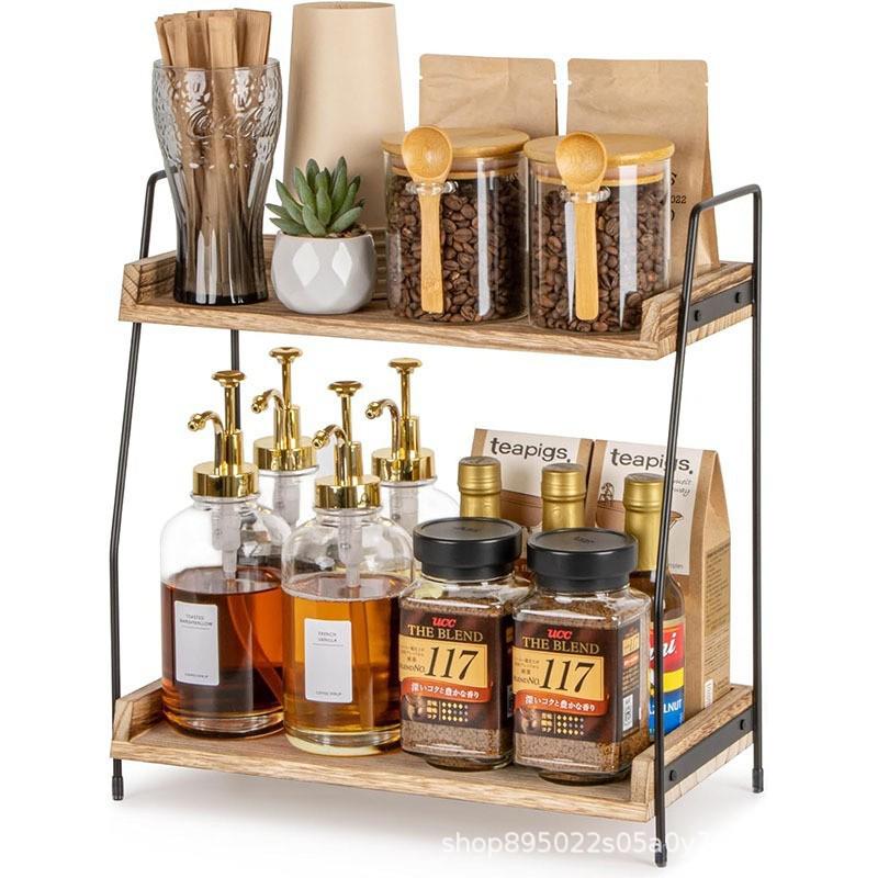 Vintage Wood & Iron Double-Layer Kitchen Spice Rack - Perfect for Office, Tea Room, or Coffee Storage