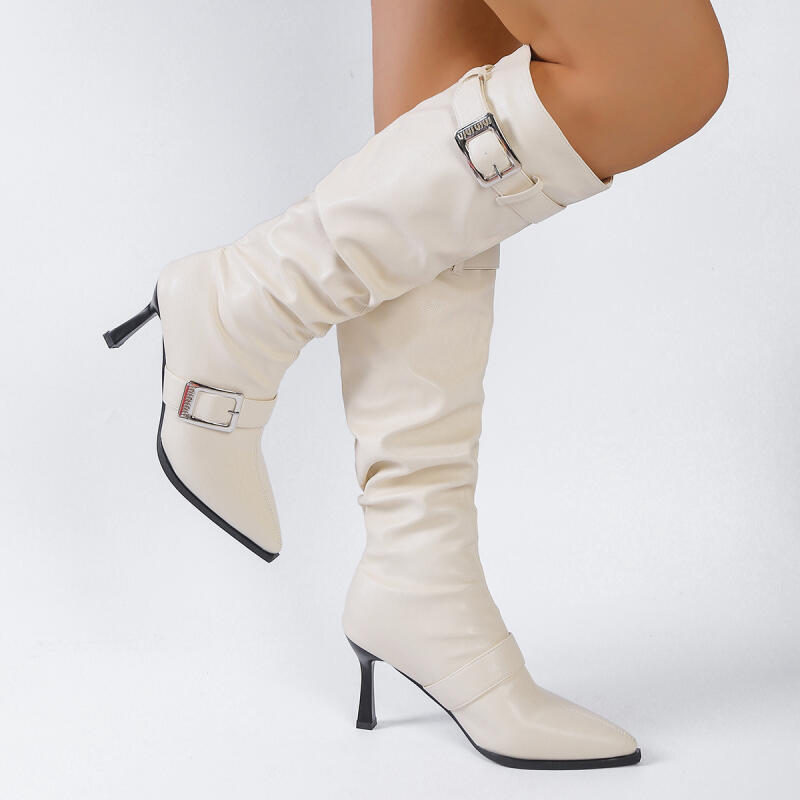 Мода Мода Металлическая Пряжка Декорация Длинные Сапоги для Женщин Однотонные Остроносые Осенние Сапоги до Колена Сексуальные Супер Высокий Каблук Вечерние Туфли