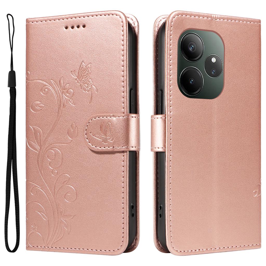 For Realme GT 6 5G PU Leather Cases Flower Pattern Wallet Stand Phone Cover with Strap