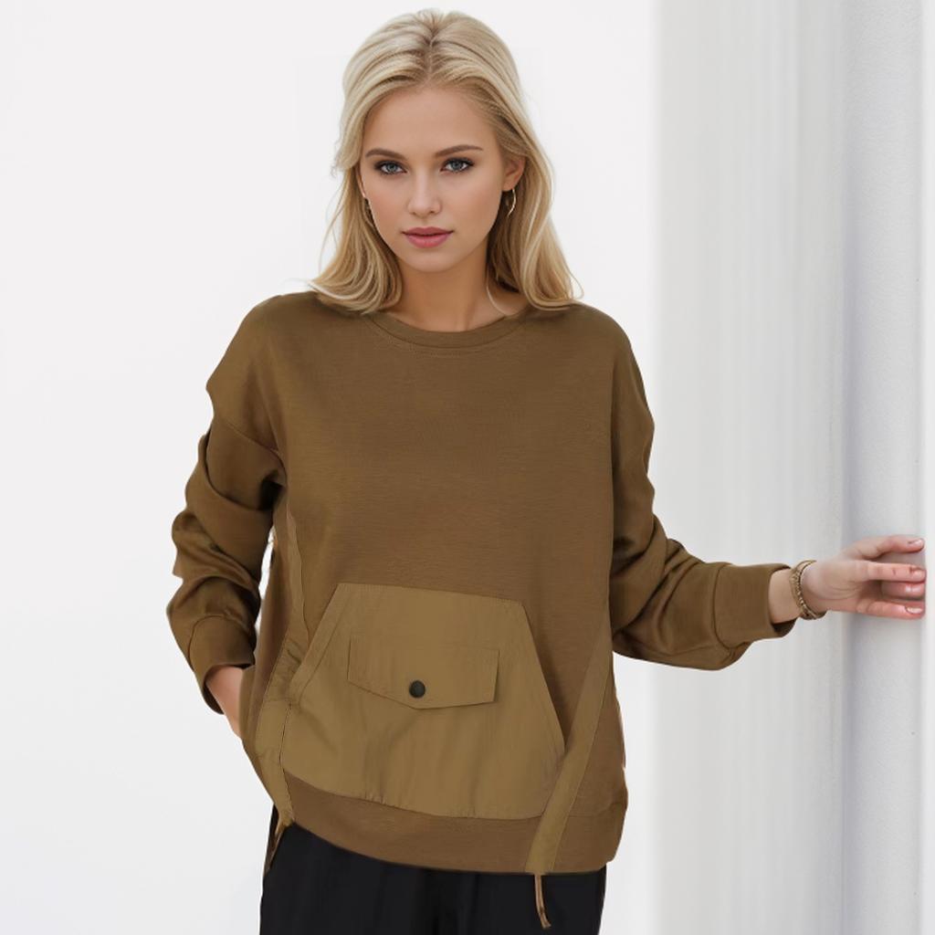 DIMANAF 2024 Плюс Размер Футболка Пуловер Осенняя Толстовка Футболка Женская Карманы Твердый Длинный Рукав Свободный
