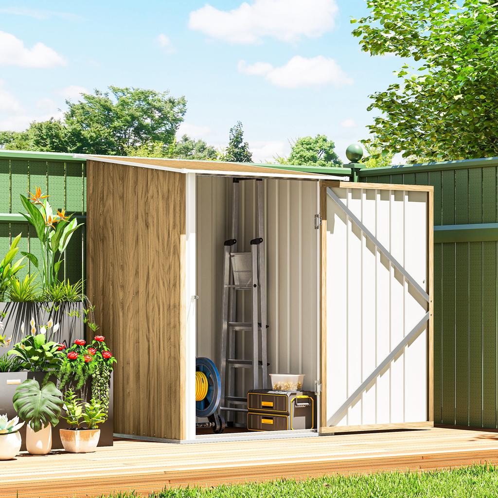 3.3 x 3.4ft Lean To Steel Garden Shed with Locking Door - Light Brown Wood Effect/White