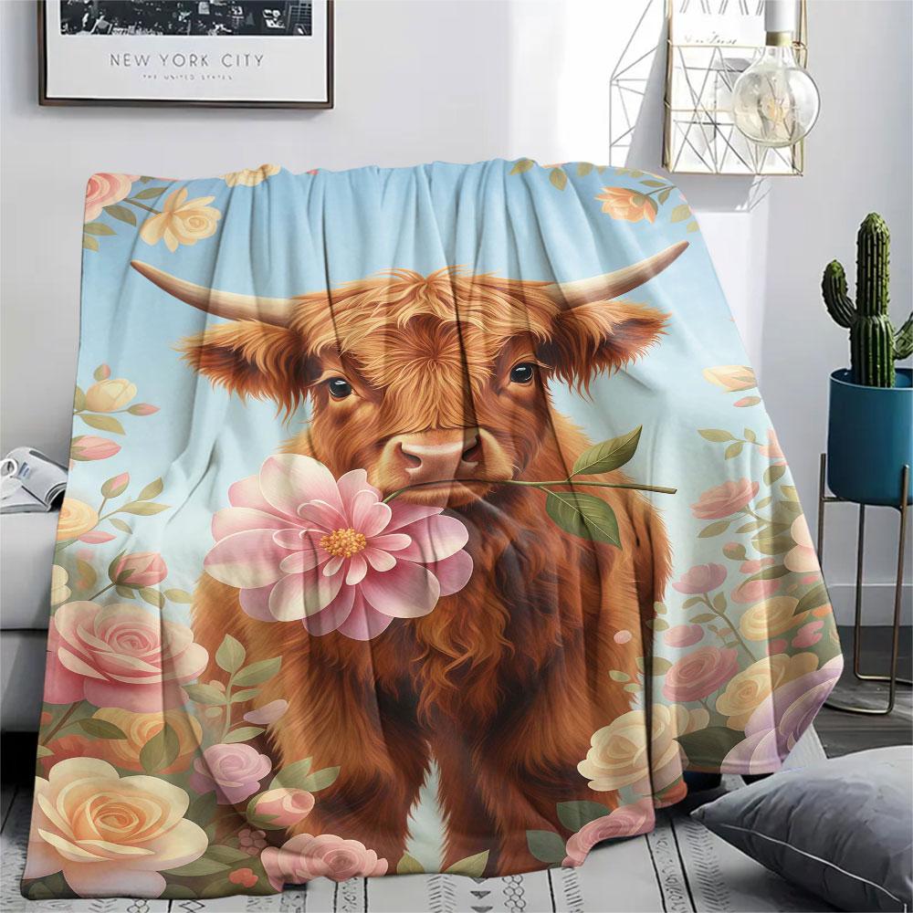 1Pc Cuteflowersanimals Print Flannel Blanket, High quality Comfortable for All Seasons, Home Decor, Warmth and Comfort, Perfect for Christmas Gifts
