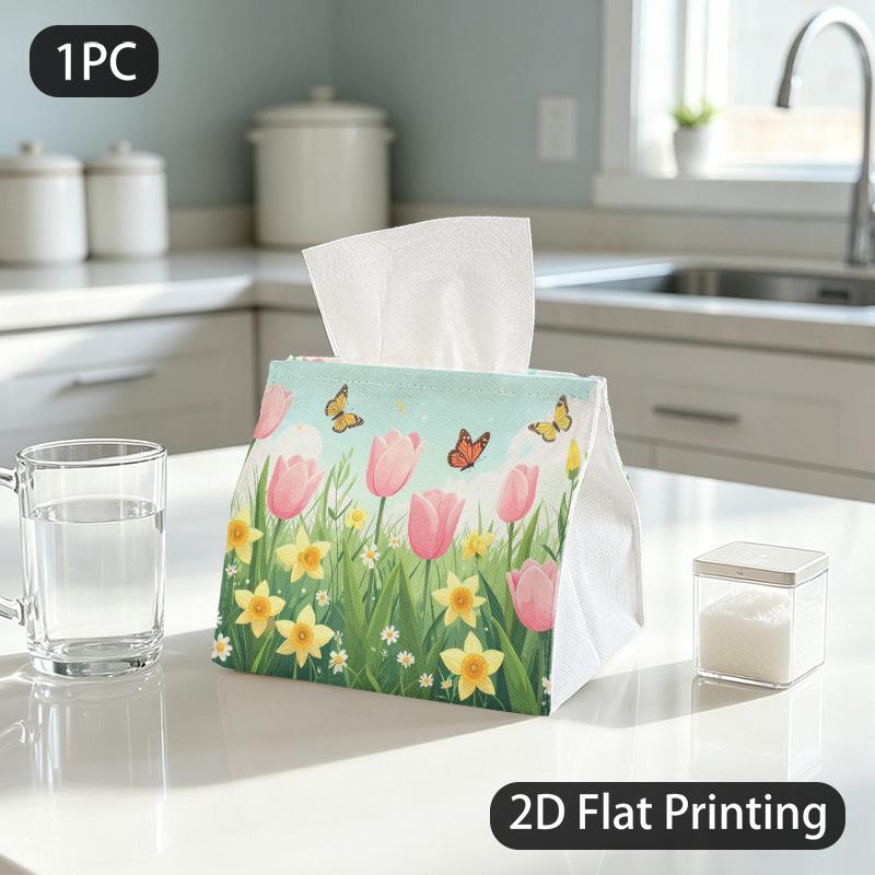 1pc Tissue Box, Soft Spring Flowers Butterflies Cheerful Pattern, 2D Flat Printing, Blocks Dust, Built to Last, Napkin Dispenser, for Auto Use, 2D Fla