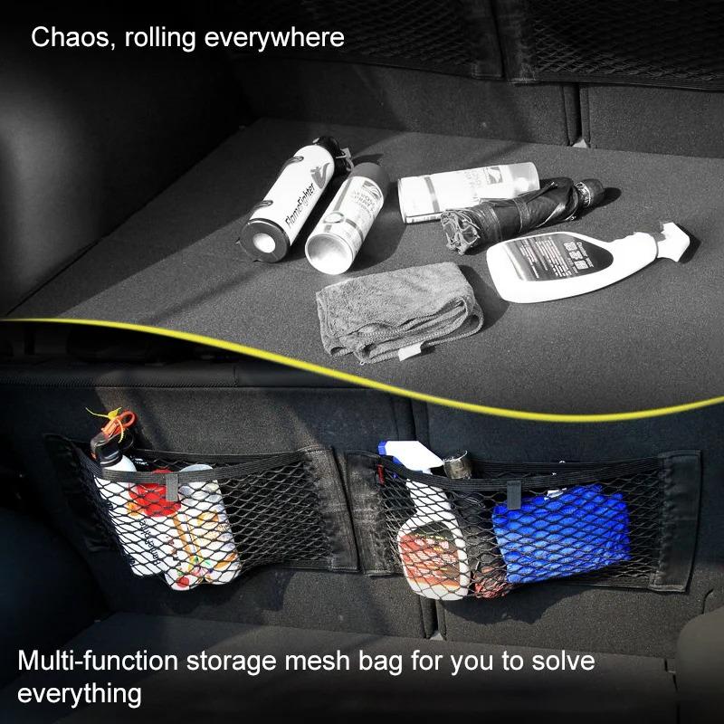 Car Trunk Mesh Rear Seat Storage Bag Auto Organizer Double-deck Elastic String Net Magic Sticker Pocket Bag Car Trunk Organizer