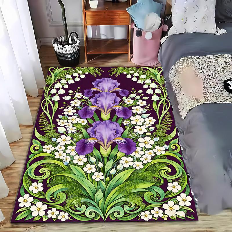 Floral Pattern Carpet with Purple Irises and Green Leaves Decor Suitable for use as an anti-slip for living room bedroom sofas