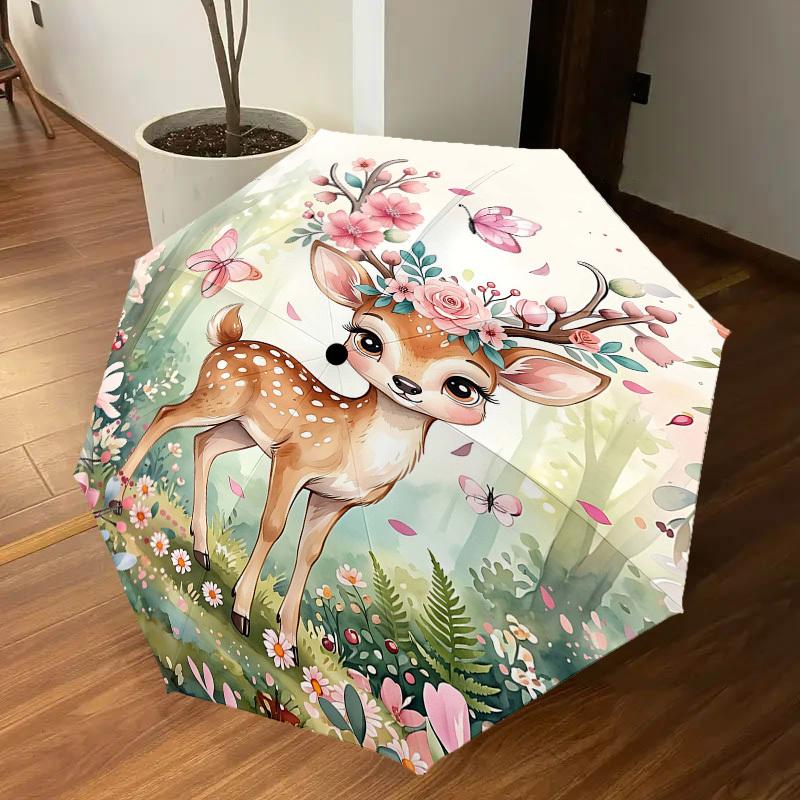 1PC Deer Flowers Umbrella-8-Rib Reinforced, Automatic Open, Lightweight & Durable, Fashion Accessory for Outdoor, H0355