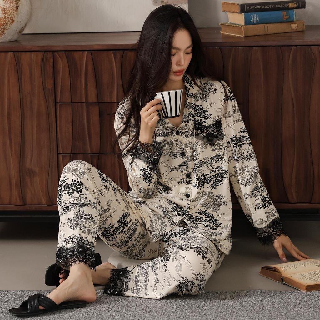 Женский комплект пижамы с длинным рукавом из модала и хлопка Осень/Зима с гиалуроновой кислотой - Высококачественный весенний стиль для дома и улицы