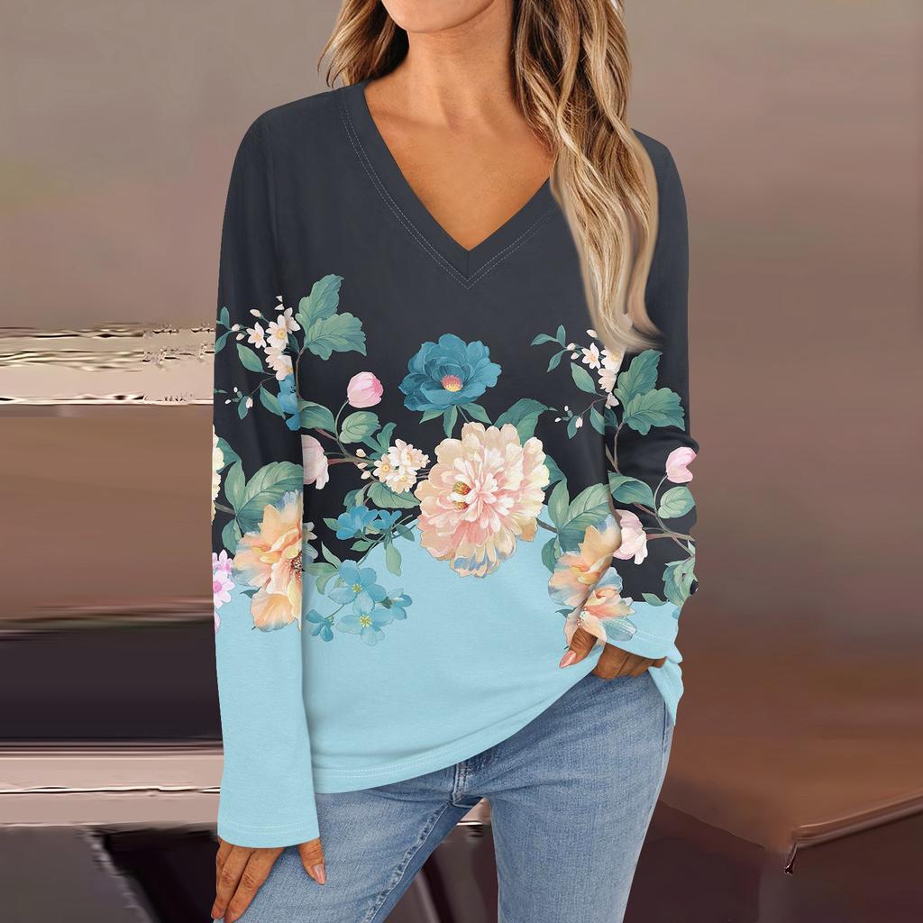 Женская модная повседневная футболка с V-образным вырезом и длинным рукавом с принтом, женская футболка