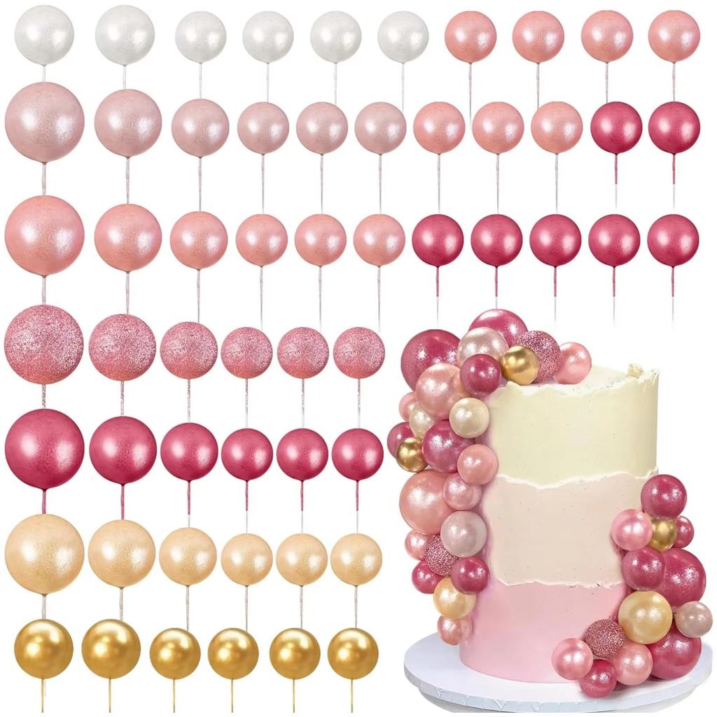 56 PCS Ball Cake Toppers - Colorful Pearl Cake Decorations for Birthday, Wedding, Cupcakes Ball Party Supplies DIY Dessert Decor