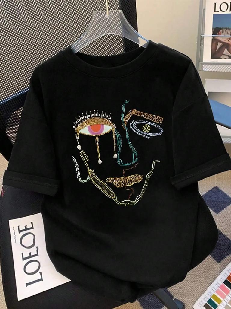 2024 Новые футболки для унисекс Цветные граффити Унисекс с принтом лица Одежда Уличная мода Топы Свободные повседневные футболки с коротким рукавом