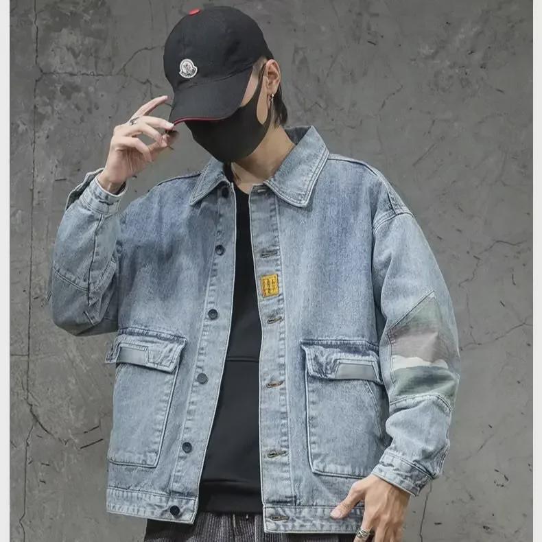 Мужская черная джинсовая рабочая куртка - весна 2024 года, повседневный топ с лацканами