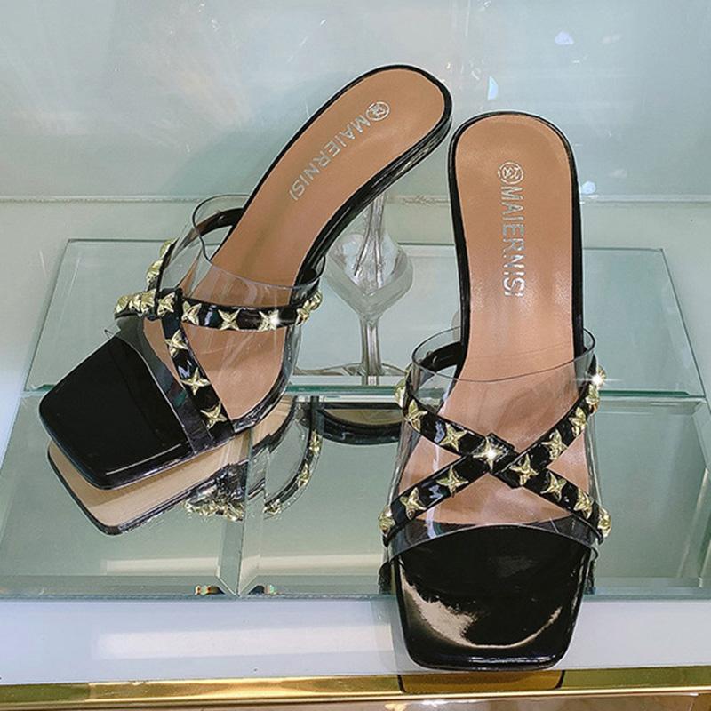 Женские сандалии большого размера, прозрачные сексуальные универсальные тапочки с открытым носком и заклепками, каблук 9 см, WZ, 2023 г.