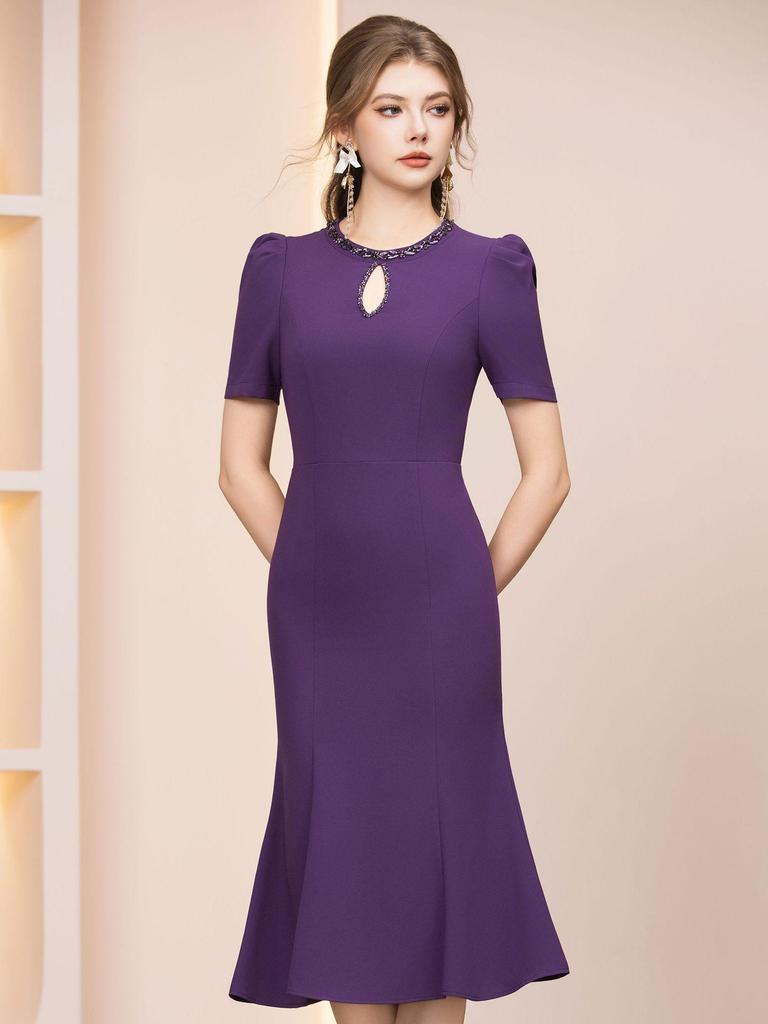 Zhi Li Purple Elite Dress with Rhinestone Cutout Neckline & Long Bodycon Mermaid Skirt - Summer 2026 Arrival