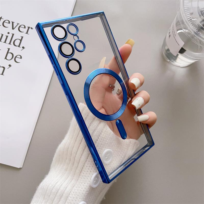 Luxury Transparent Plating For Magsafe Case For Huawei Mate 40 Samsung Galaxy S22 S23 S21 Ultra Plus Wireless Charge Silicone Clear Cover Cases
