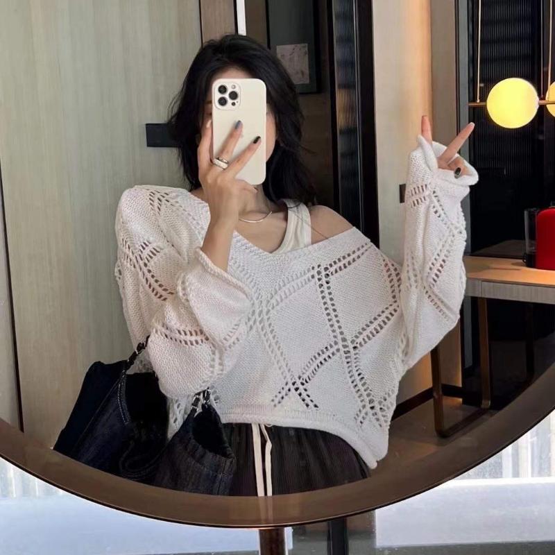 Pullover Sweater Female Early Autumn Diamond Hollow Knitwear Thin Design O Neck Long Sleeve Solid Casual Sweater Top