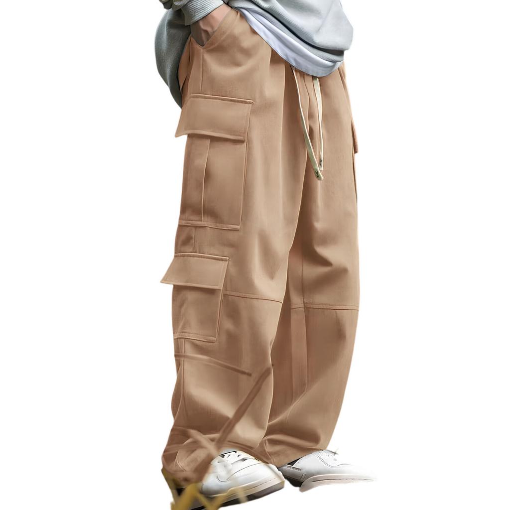 Men's Loose Casual Multi-pocket Work Pants, Youth Stretch Waist Drawstring  Pants