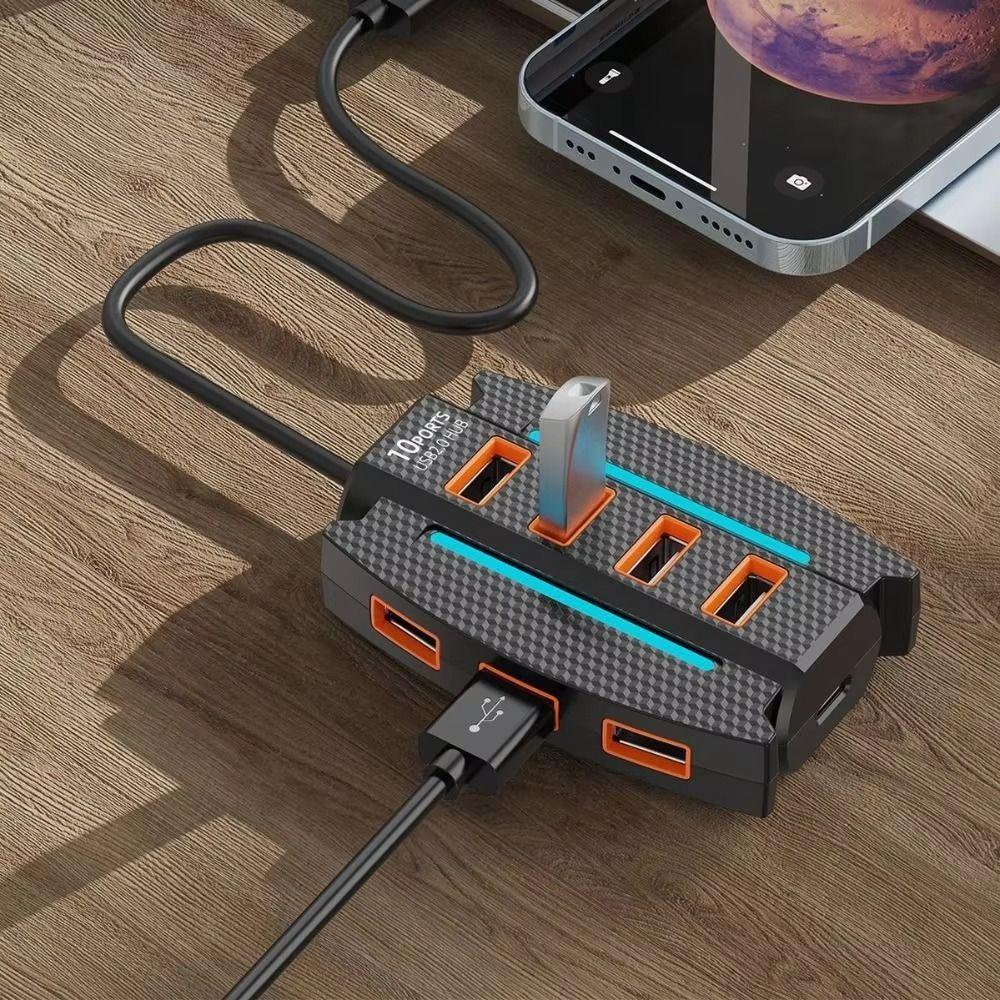 Расширитель на 10 портов USB 2.0 с RGB-подсветкой, расширитель USB-портов, аксессуары для мобильных телефонов